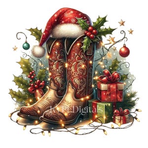 May include: A festive illustration featuring a pair of red cowboy boots adorned with intricate floral patterns. A Santa hat rests atop the boots, surrounded by holly, ornaments, and string lights. Several wrapped gifts complete the holiday scene.