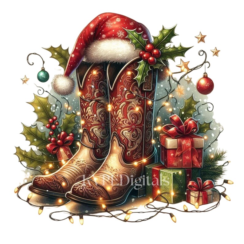 May include: A festive illustration featuring a pair of red cowboy boots adorned with intricate floral patterns. A Santa hat rests atop the boots, surrounded by holly, ornaments, and string lights. Several wrapped gifts complete the holiday scene.