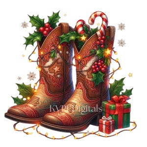May include: A festive illustration of brown cowboy boots decorated for Christmas. The boots are adorned with holly, berries, and a candy cane, with a string of lights and two wrapped gifts. The boots have a star design.