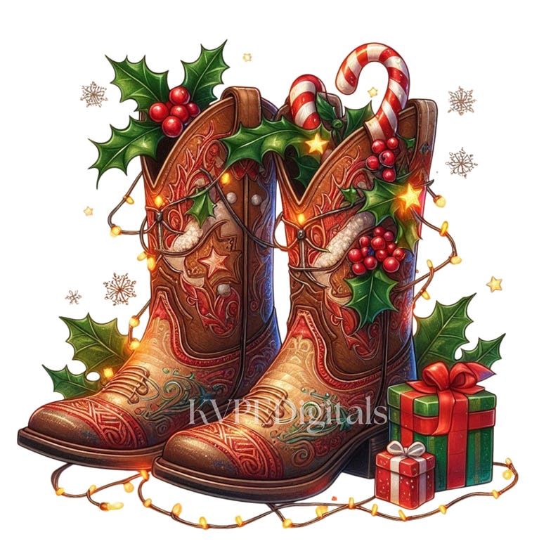May include: A festive illustration of brown cowboy boots decorated for Christmas. The boots are adorned with holly, berries, and a candy cane, with a string of lights and two wrapped gifts. The boots have a star design.