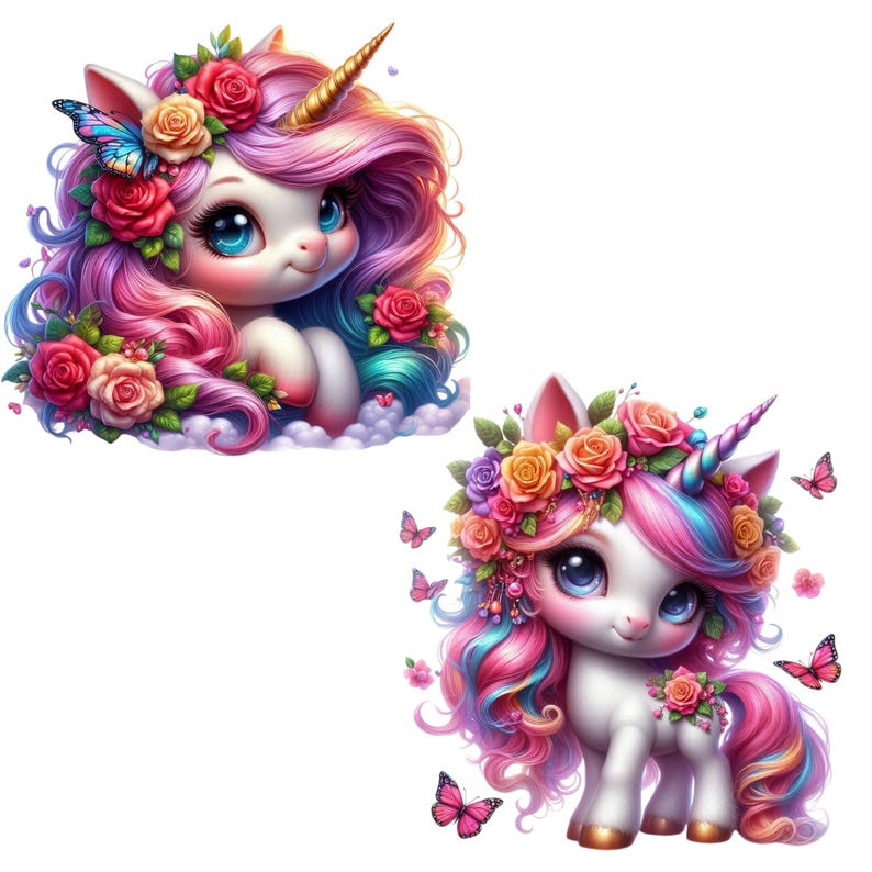 Cute Floral Unicorn PNG Set, 20 Colorful Flower Cliparts, Digital Wall ...