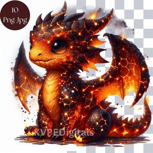 May include: A digital illustration of a cute baby dragon with fiery orange and black scales. The dragon has large, expressive eyes and is sitting down. The image includes the text "10 Png-Jpg" in the upper left corner and "KVPEDigitals" at the bottom.