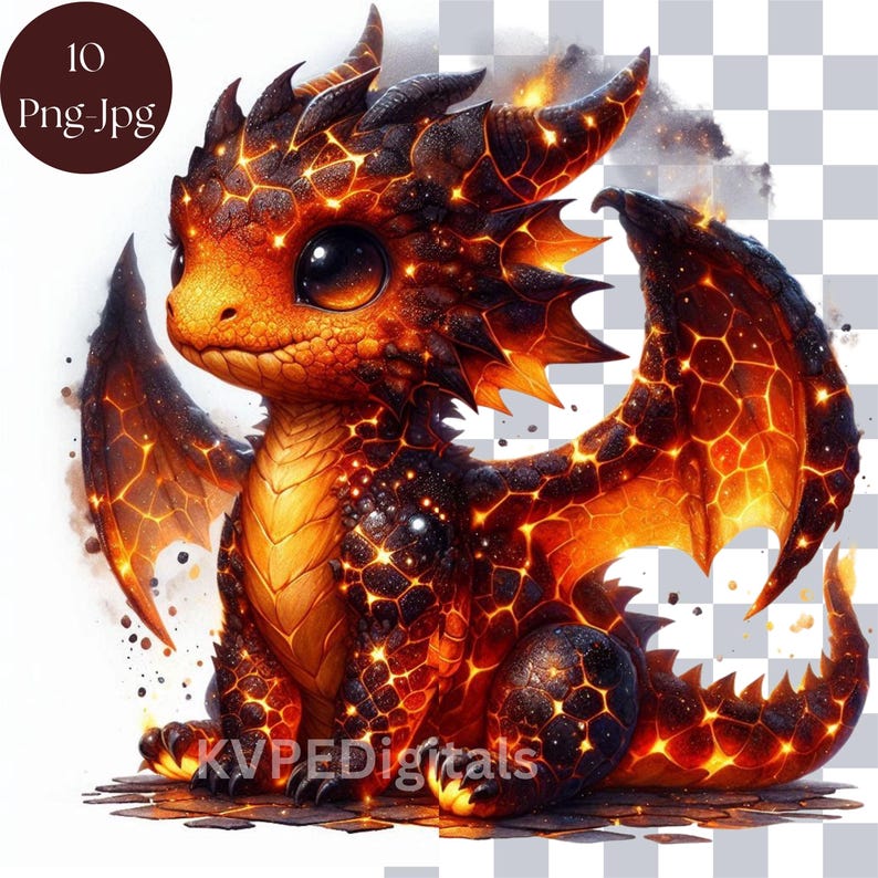 May include: A digital illustration of a cute baby dragon with fiery orange and black scales. The dragon has large, expressive eyes and is sitting down. The image includes the text "10 Png-Jpg" in the upper left corner and "KVPEDigitals" at the bottom.