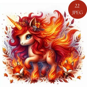 May include: A fiery red and orange unicorn with a golden horn and a floral crown stands on flames with two foxes on either side. The unicorn has a light brown body with a red and orange mane and tail.