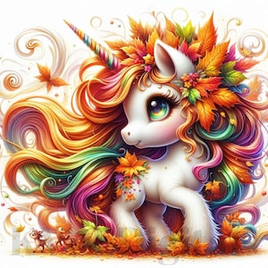 May include: A white unicorn with a rainbow mane and tail, wearing a crown of autumn leaves. The unicorn is standing on a bed of colorful leaves.
