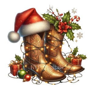 May include: A festive illustration features a pair of brown cowboy boots adorned with a Santa hat, fairy lights, and Christmas decorations. The boots are decorated with holly, a candy cane, and wrapped gifts, creating a holiday theme.