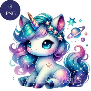 Aquarel Galaxy Unicorn Celestial Cosmic clipartbundel, 19 PNG schattig digitaal bestand afdrukbare bestanden Instant Download Scarpbooking Kids DIY Crafts