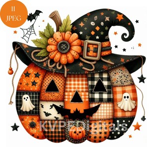 Patchwork Halloween Pumpkin, 11 Jpeg Clipart Bundle, Cute Quilted Fall Pumpkin Decor, Halloween Digital Download, Rustic Autumn Sublimation