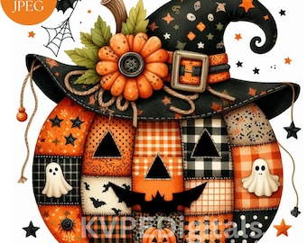 Patchwork Halloween Pumpkin, 11 Jpeg Clipart Bundle, Cute Quilted Fall Pumpkin Decor, Halloween Digital Download, Rustic Autumn Sublimation