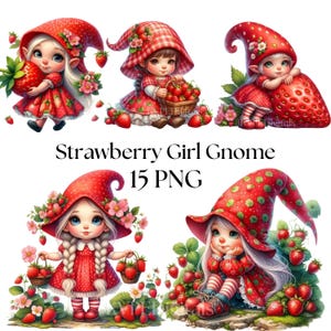 Erdbeer Mädchen Gnome Clipart, 15 PNG süßes Obst Gnome Bundle, buntes Sofort Download Digital Wall Art Decor, 300 dpi hohe Auflösung