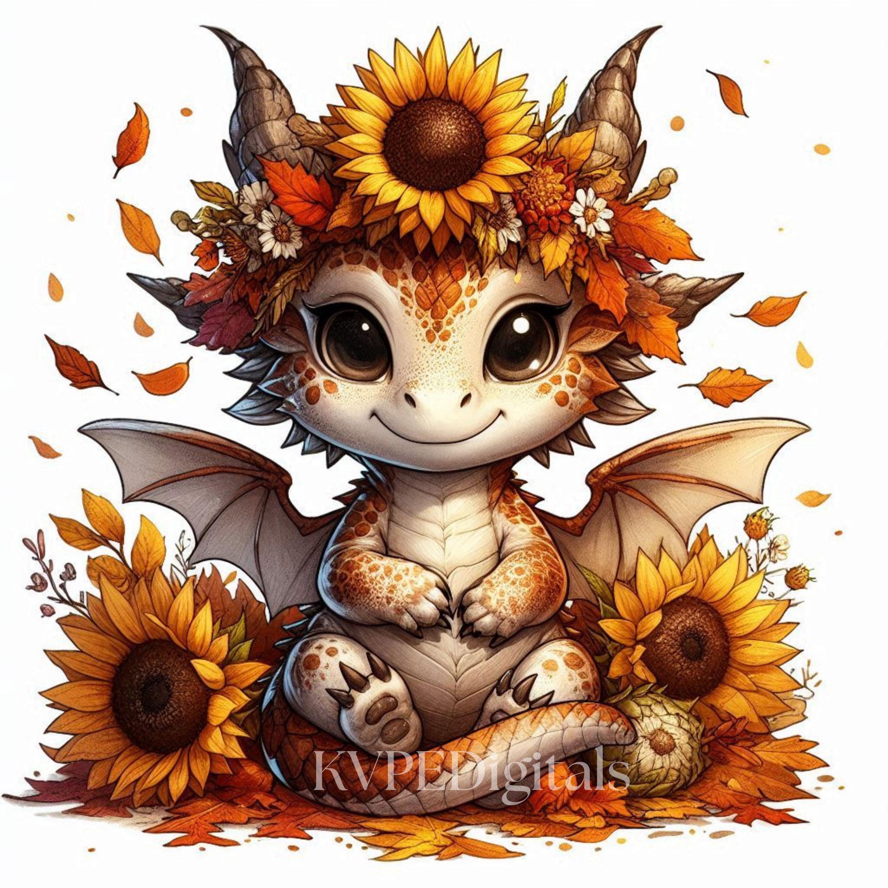 Sunflower Fall Dragon Clipart, 20 Jpeg Autumn Dragon Sublimation, Cute ...