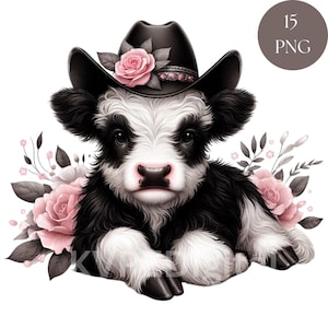 Cute Baby Cow Clipart, Floral Western Calf PNG, Cowboy Cow Digital Download, Farm Animal Sublimation, Country Boho Cowgirl Design, 15 PNG