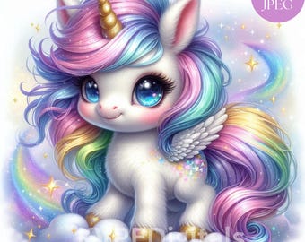 May include: A whimsical illustration of a unicorn with a golden horn and a rainbow mane and tail. The unicorn has large blue eyes and is surrounded by stars and a rainbow. The image has the text "20 JPEG" in a purple circle.