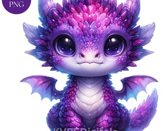 Pacchetto di clipart di un simpatico drago viola, 15 immagini PNG di creature magiche, drago fantasy, cucciolo di drago colorato, uso commerciale, stampe ad acquerello