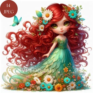 Könnte beinhalten: Eine digitale Illustration eines jungen Mädchens mit langen, lockigen roten Haaren, das ein grünes Kleid mit einer Blumenkrone trägt. Sie ist von Blumen und Schmetterlingen umgeben.
