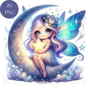 Może przedstawiać: Cyfrowa ilustracja wróżki z niebieskimi i turkusowymi skrzydłami, siedzącej na księżycu w kształcie półksiężyca. Wróżka ma długie, powiewające białe i fioletowe włosy, niebieskie oczy i trzyma żółtą gwiazdę. Obraz ma fantazyjny, kapryśny motyw.