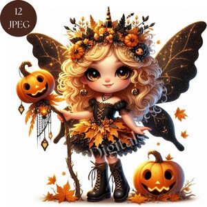 Hada de calabaza de Halloween, paquete de 12 imágenes prediseñadas de hadas espeluznantes en formato JPEG, adorable hada de calabaza para pedir dulces, uso comercial, imprimibles de arte digital