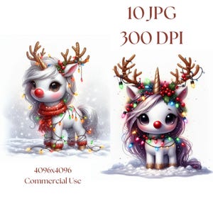Clipart de unicornio reno de nariz roja, 10 lindos imprimibles navideños en formato JPG, set de decoración digital para pared, descarga instantánea, uso comercial