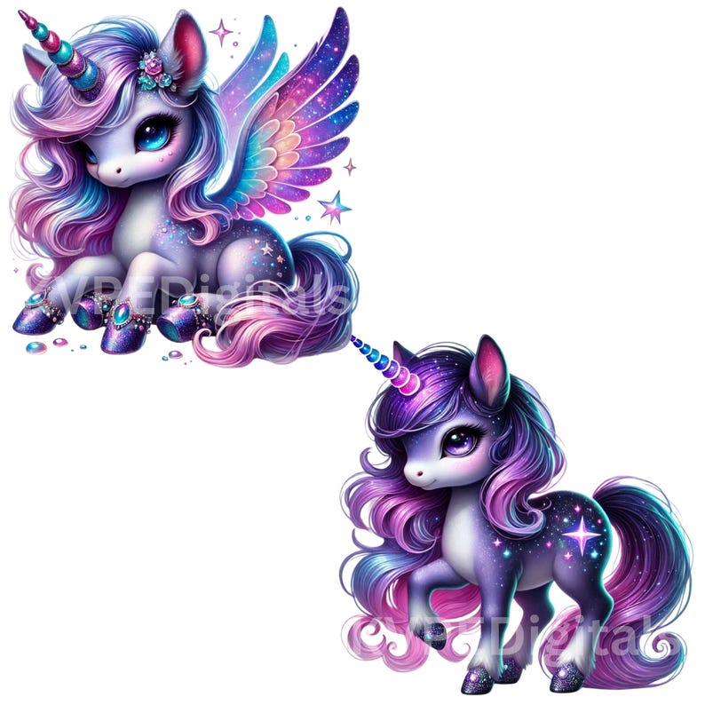 Cute Ethereal Unicorn Watercolor Clipart Bundle, 19 PNG Colorful Baby ...