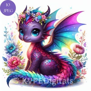 Può includere: Un'illustrazione stravagante di un drago viola con grandi occhi blu, adornato da una corona floreale e ali colorate. Il drago è circondato da fiori nei toni del rosa, blu e viola. Il testo "10 JPEG" è in alto a sinistra e "KVPEDigitals" in basso.