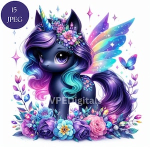 Licorne féerique magique, lot de 15 cliparts licorne Jpeg, licornes féeriques sombres avec ailes, fleurs et papillons, autocollants fantaisie poney à cornes
