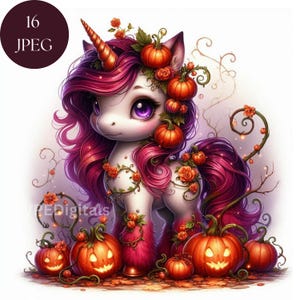 May include: A white unicorn with a pink mane and tail is surrounded by orange pumpkins and vines. The unicorn has purple eyes and a gold horn. The pumpkins have carved jack-o'-lantern faces.