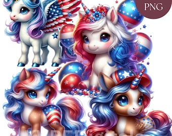 Magical 4th of July Unicorn Clipart Bundle Patriotic Independence Day Unicorn 28 PNG, Red White & Blue Fantasy Unicorn Illustration Crafts