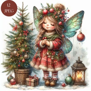 May include: A whimsical Christmas illustration features a fairy with large, detailed wings, wearing a red dress and a floral crown. A decorated Christmas tree, a lantern, and ornaments complete the festive scene. The image includes the text "12 JPEG" in the upper left corner.