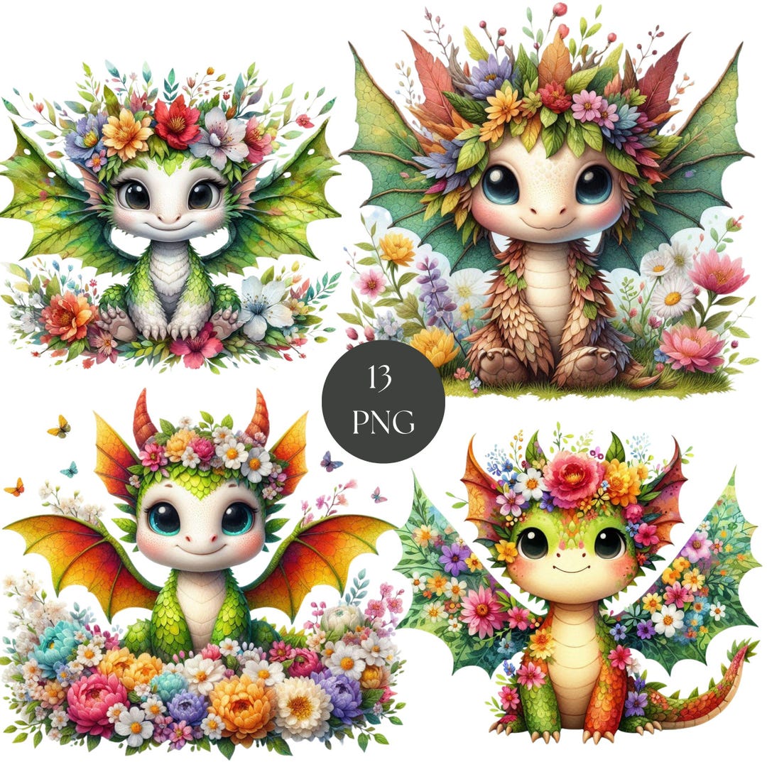 Spring Floral Baby Dragon Clipart, 13 PNG Cute Flower Dragon, Colorful ...