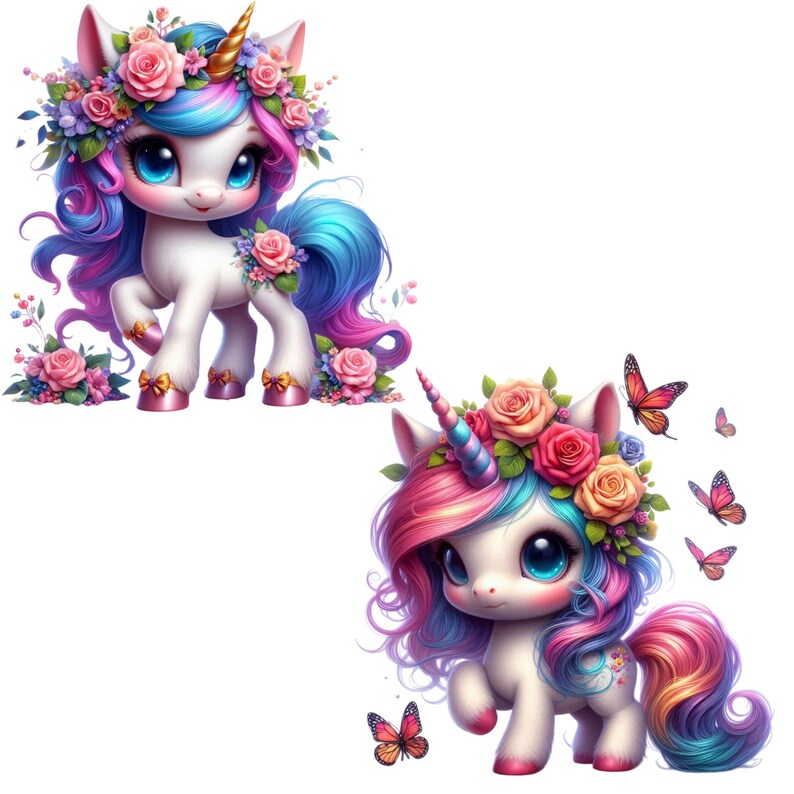 Cute Floral Unicorn PNG Set, 20 Colorful Flower Cliparts, Digital Wall ...