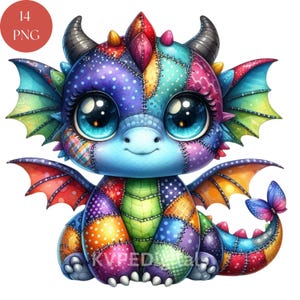 May include: A colorful patchwork dragon illustration with large blue eyes, horns, and wings. The dragon is made of various fabric patterns and colors, including blue, purple, orange, and green. A small butterfly is on the end of its tail. The image includes the text "14 PNG".
