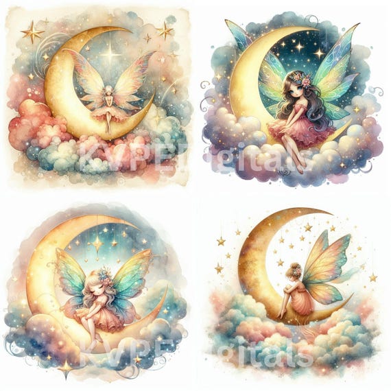 Moon Fairy Clipart Bundle, 13 Celestial Fairy Graphics, Cosmic