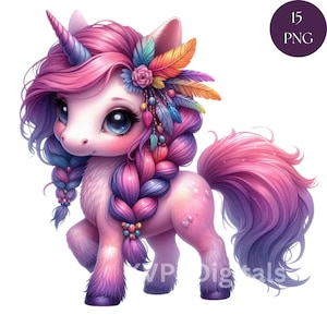 Cute Pink Unicorn, 15 PNG Pastel Unicorn Clipart Bundle, Magical Watercolor Baby Unicorn Digital Printables, Commercial Use, Scrapbooking