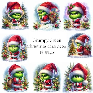 Puede incluir: Una colección de ilustraciones digitales que presentan un personaje verde similar al Grinch, vestido con un traje y gorro de Papá Noel rojos. El personaje tiene una expresión gruñona y está rodeado de árboles de Navidad y nieve. También está presente el texto "Grumpy Green Christmas Character 18 JPEG".