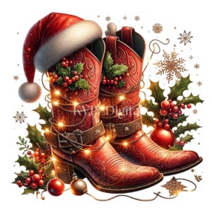 May include: A festive illustration of red cowboy boots adorned with Christmas decorations. The boots feature intricate embossed patterns, holly, berries, and a Santa hat. Twinkling lights and ornaments complete the holiday theme.