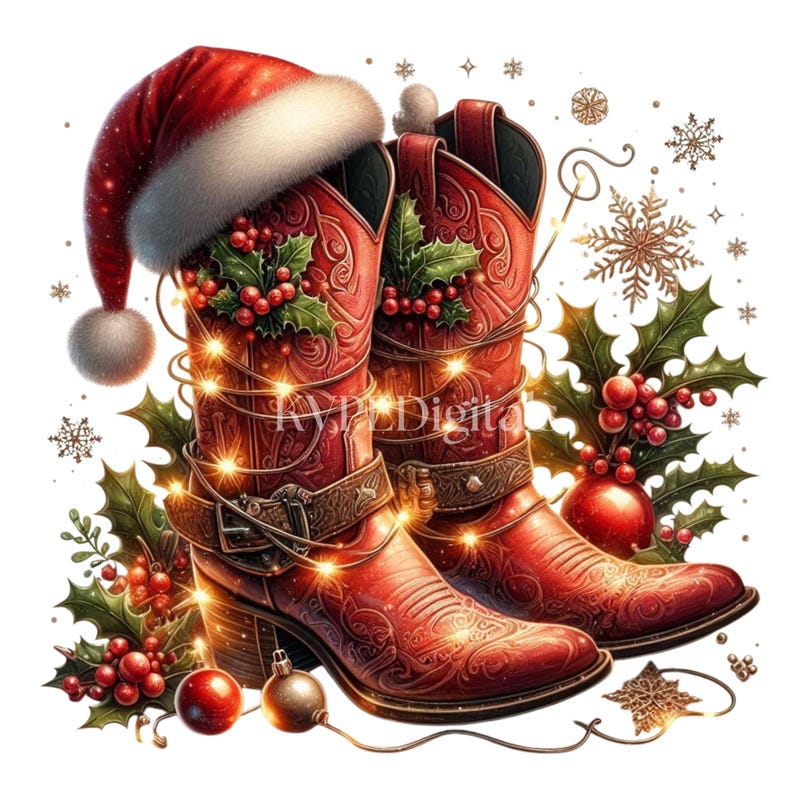 May include: A festive illustration of red cowboy boots adorned with Christmas decorations. The boots feature intricate embossed patterns, holly, berries, and a Santa hat. Twinkling lights and ornaments complete the holiday theme.
