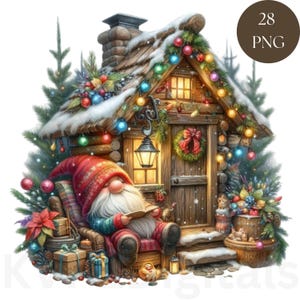Cabaña de invierno navideña y cabaña rústica de gnomos en el bosque, imágenes prediseñadas de vacaciones, 28 PNG imprimibles festivos, descarga instantánea, decoraciones de arte de pared digitales