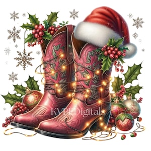 May include: A festive illustration features a pair of red cowboy boots adorned with Christmas lights, holly, and berries. A Santa hat rests atop the boots, with snowflakes and ornaments completing the holiday theme. The boots have a decorative floral design.
