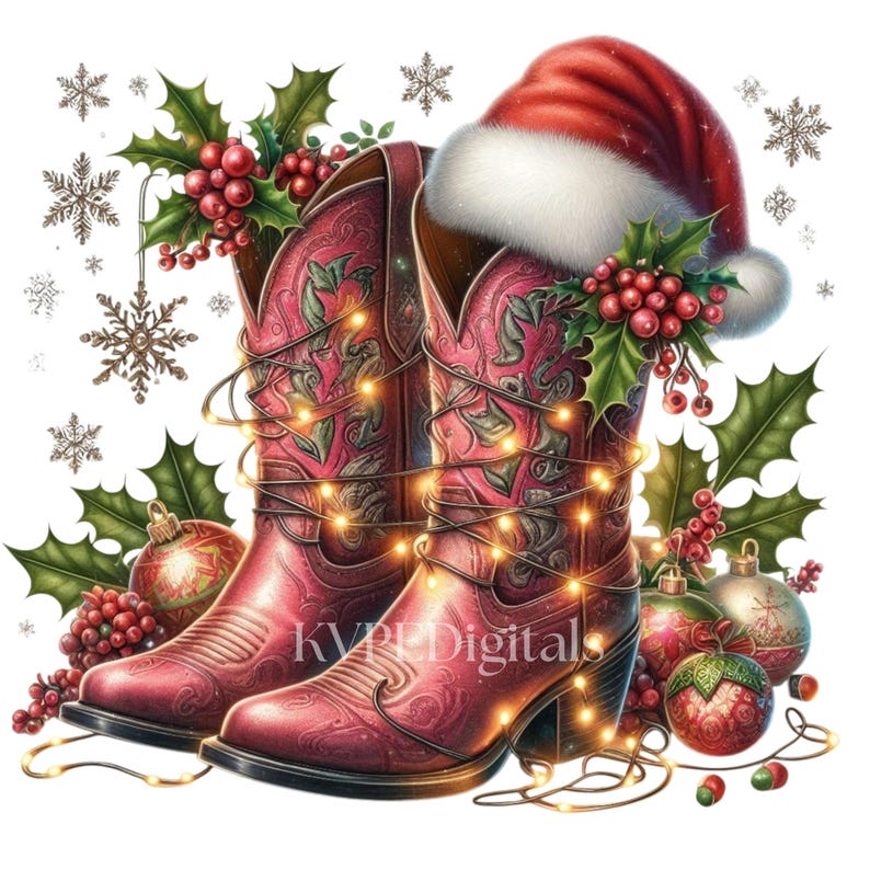 May include: A festive illustration features a pair of red cowboy boots adorned with Christmas lights, holly, and berries. A Santa hat rests atop the boots, with snowflakes and ornaments completing the holiday theme. The boots have a decorative floral design.