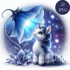 Unicórnio flor da lua Unicórnio bebê iluminado pela lua, clipart de fantasia caprichosa, 22 ilustrações JPEG, impressões digitais para download instantâneo, artesanato