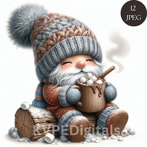Winter Gnome Clipart Bundle, 12 Jpeg Cute Hot Cocoa Christmas Gnomes, Cozy Holiday Nordic Gnome with Mug, Snowy Winter Woodland Digital Art