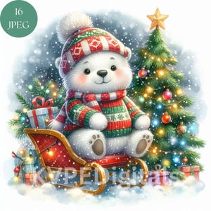 Christmas Polar Bear, 16 Jpeg Winter Polar Bear Clipart Bundle, Christmas Cards Holiday Graphics, Winter Christmas, Commercial Use Downloads