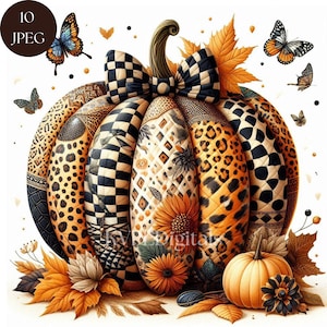 May include: A decorative pumpkin with a variety of patterns, including leopard print, checkered, and floral designs. The pumpkin is adorned with a large bow, butterflies, and autumn leaves. The image includes the text "10 JPEG".