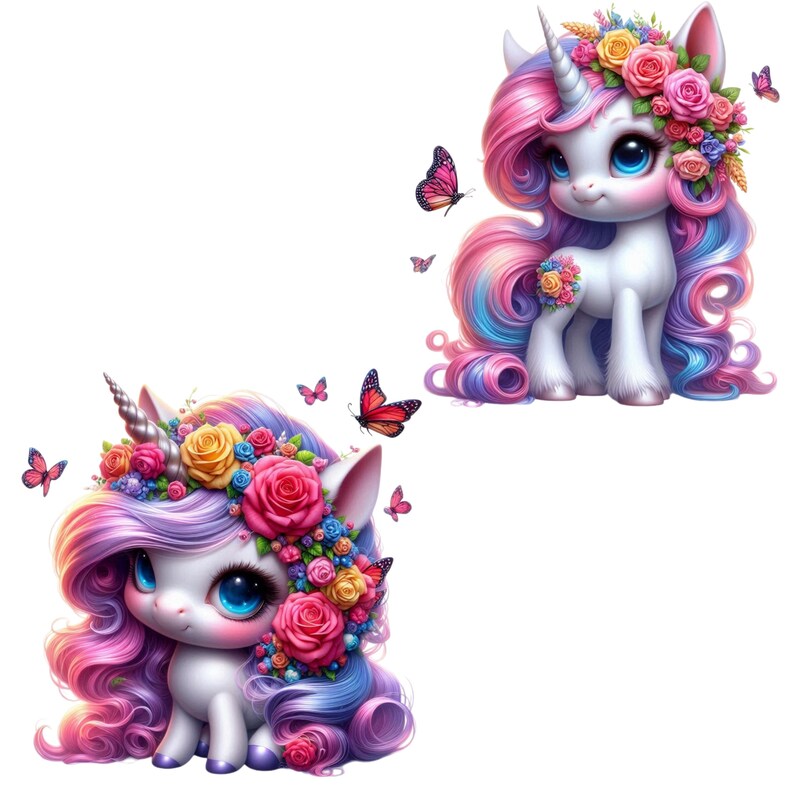 Cute Floral Unicorn PNG Set, 20 Colorful Flower Cliparts, Digital Wall ...