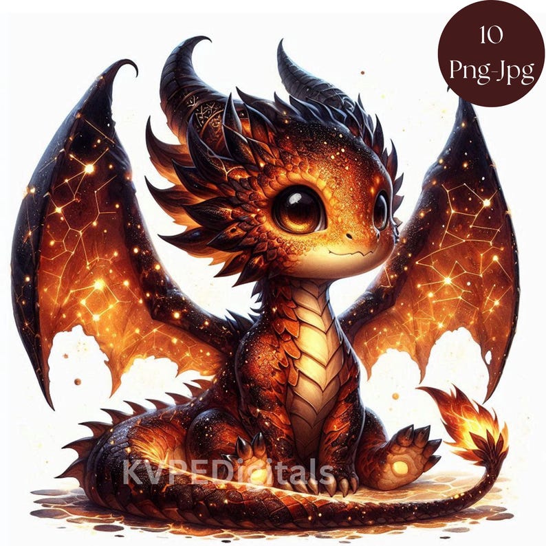 May include: A digital illustration of a cute, cartoon dragon with large eyes and a friendly expression. The dragon is primarily orange and brown, with glowing wings and a starry pattern. The image includes the text "10 Png-Jpg" and "KVPEDIGITALS".