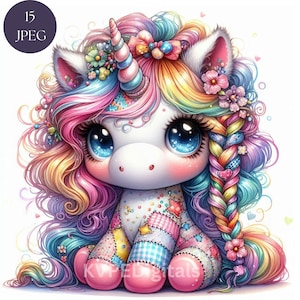 Puede incluir: Un unicornio colorido con una melena y cola arcoíris, que lleva un vestido de retazos y un lazo. El unicornio tiene grandes ojos azules y una nariz rosa.