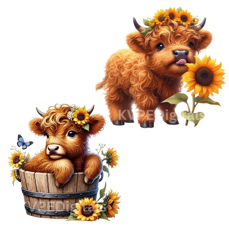 Sunflower Highland Cow W/ Flowers Clipart Bundle, 20 PNG Cute Baby Cow ...