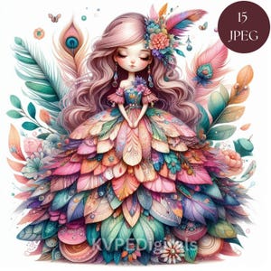 Skurril Regenbogen Blumen Puppen Clipart Bundle, 15 Jpeg bunte Fantasy Mädchen, niedliche Boho Märchen Puppen Illustration, Instant Download Art
