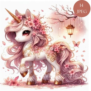 Kirschblüten-Einhorn, 14 Jpeg Sakura-Baum-Einhorn, Einhorn mit Blumenmuster, Frühlingsblumen-Einhorn, kommerzielle Nutzung Digital Printables, Scrapbooking
