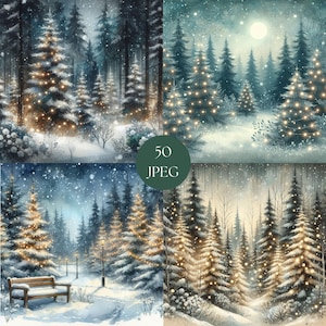 Puede incluir: Un collage de arte digital de cuatro escenas de bosque invernal. Los árboles de hoja perenne cubiertos de nieve están iluminados con luces de hadas cálidas. Las escenas incluyen una luna llena, nieve y un banco del parque. El texto "50 JPEG" está en un círculo verde.
